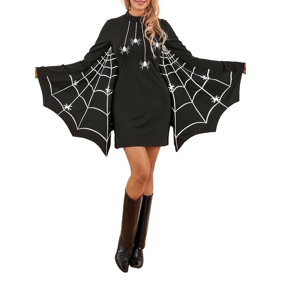 LMLYSoH Women Halloween Costume Spiderweb Print Halloween Long Sleeve Dress Cosplay Party Costume with Scalloped Web Wings