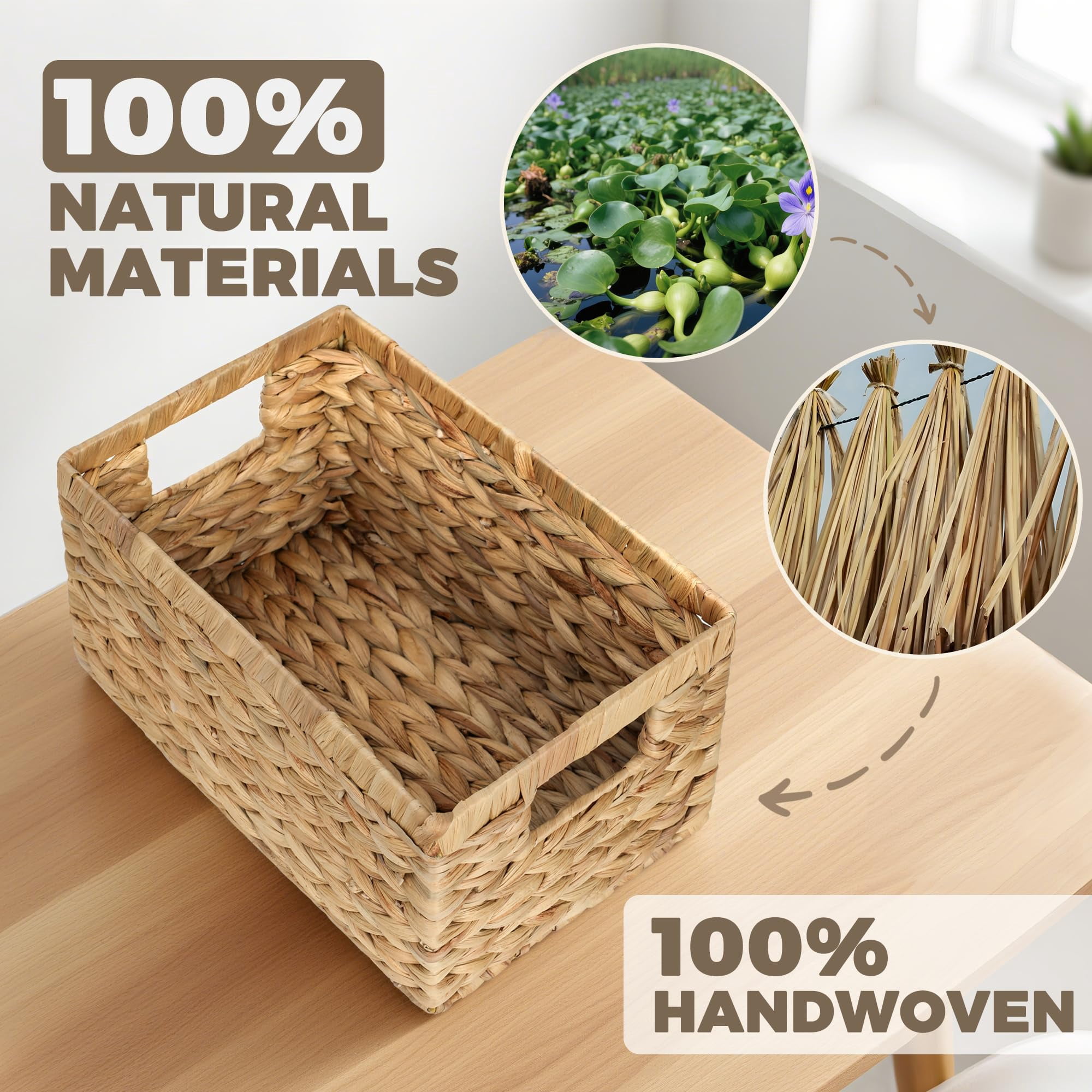 Woven Water Hyacinth Storage Baskets With Handles, Set of 2, Home Organization