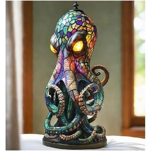 Octopus Lamps with Glowing Eyes, 3D Retro Animal Night Light Lamp, Stained Glass Style Resin Lamps for Home, Bedroom, Office