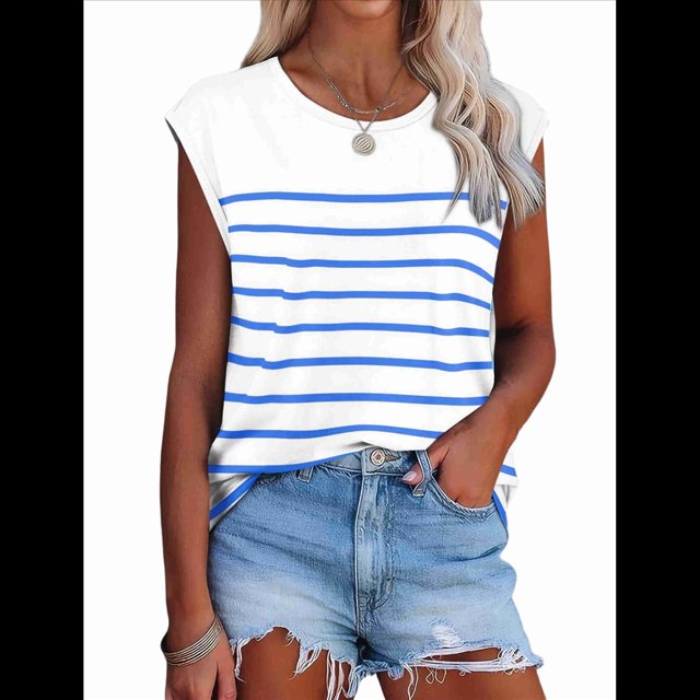 Tops de Mujer Elegantes e Informales de Verano A Rayas, Tops de Corta con Bloques de Color, Corte Holgado, Azul y M
