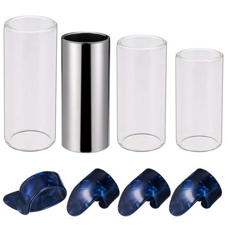 Guitar Steel Slide - Guitar Slides Set Includes 3 Size Glass Slide 1pc Stainless Steel Slide and 4pcs Plastic Thumb & Finger Picks with Plastic Box