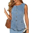 thumbnail image 2 of Women's Denim 2-Piece Set, Sleeveless Button Down Vest and High-Waisted Wide Leg Pants Outfit Blue L, 2 of 10