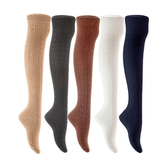 Lian LifeStyle Women's 5 Pair Adorable Comfortable Soft Thigh High Over Knee High Cotton Socks Size 6-9 L1024 Beige,Black,Coffee,White,Navy