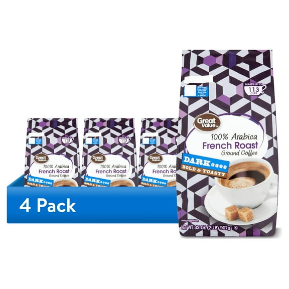 (4 pack) Great Value French Roast Ground, 100% Arabica, Medium Roast, Ground Coffee, 32 oz