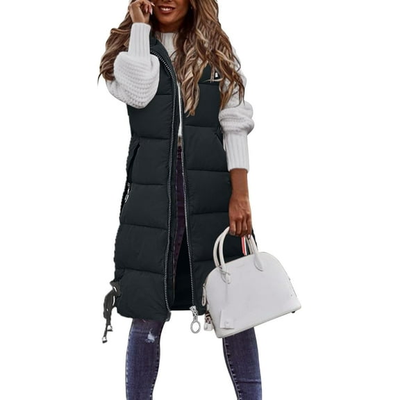 Aricy Women Casual Solid Color Coats Quilted Vest Down Hooded Vest Zipper Pockets Loose Sleeveless Jacket Long Cardigan Coats Stylish Female Outwear