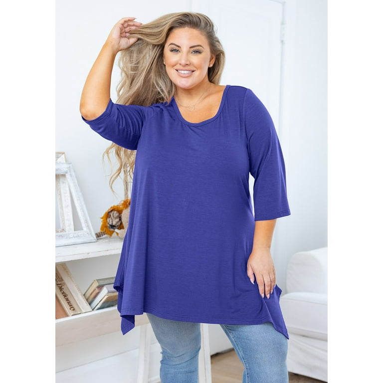 SHOWMALL Plus Size Women Top 3/4 Sleeve Clothes Royal Blue 4X Blouse Swing  Tunic Crewneck Loose Clothing Shirt for Leggings