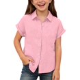 thumbnail image 2 of UACY Girls Casual Cotton Linen Button Down Short Sleeve Shirts Solid Summer Beach Blouses Tops with Pocket (Pink, 6-7 Years), 2 of 7