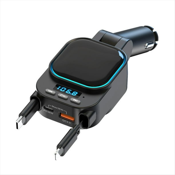 Cargador Retráctil para Coche de 96 W con Adaptador Bluetooth para Coche, Carga Rápida 4 en 1, Transmisor FM con Radio Bluetooth 5.3 para Coche