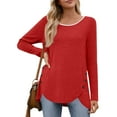 thumbnail image 2 of WTOBBY Fashionable Women's Long Sleeve Solid Color Button Detail Top Round Neck Casual Wear Breathable Material Perfect for Office or Weekend Layering Piece Stretch Fit,Red L, 2 of 5