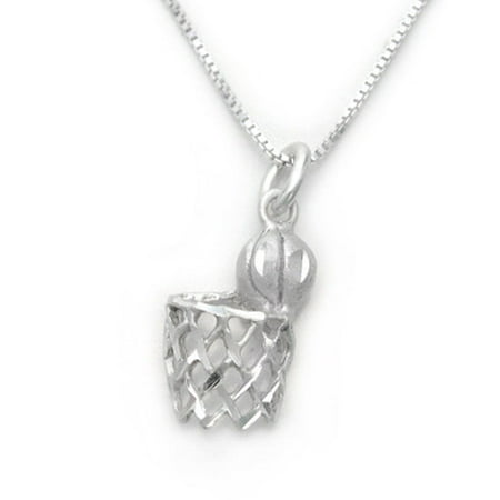 Sterling Silver Basketball and Hoop Net Etched Design Charm Necklace