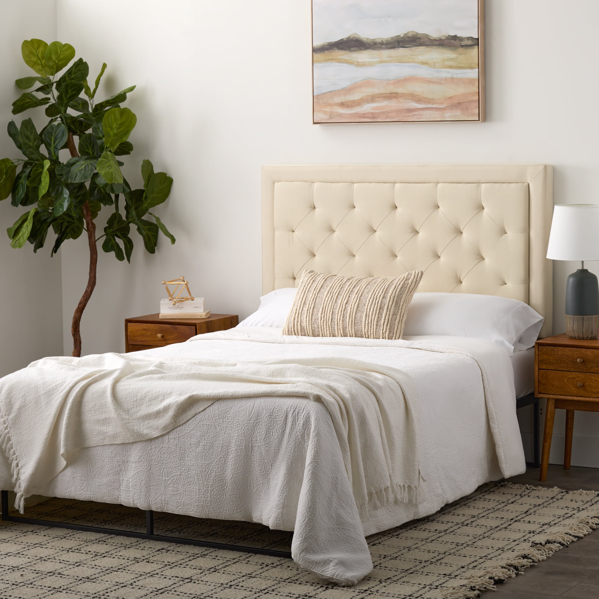 Rest Haven Medford Rectangle Upholstered Headboard with Diamond Tufting, King, Cream