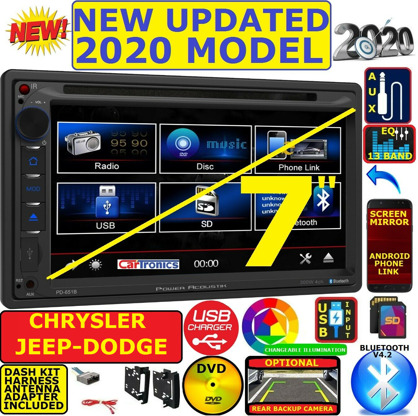 CHRYSLER JEEP DODGE Power Acoustik Bluetooth Double Din DVD Stereo  Kit /Harness