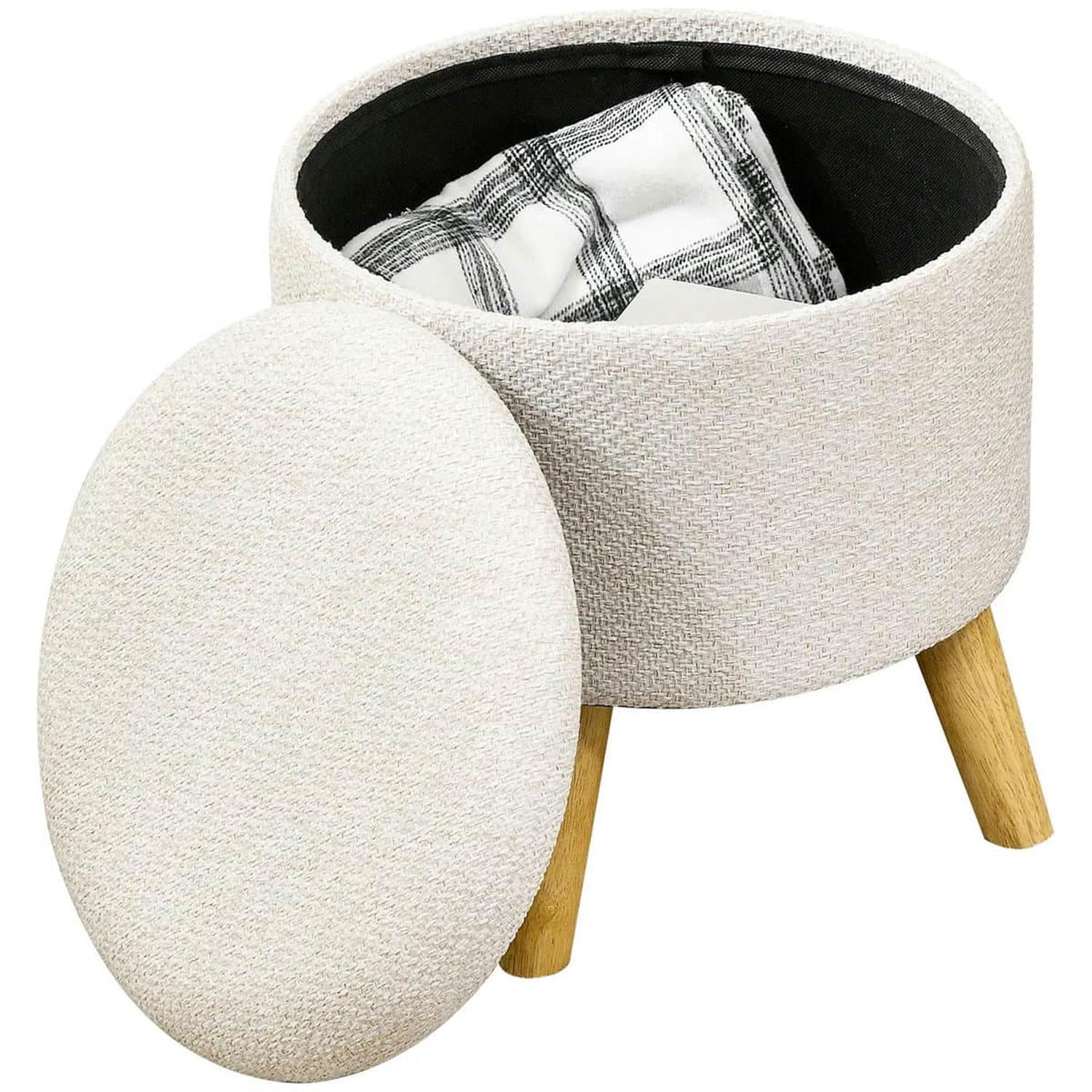 Demi Bonn 15" Ottoman Stool with Hidden Storage, Wood Legs, Linen Upholstered Footstool, Padded Seat, Space-Saving, White