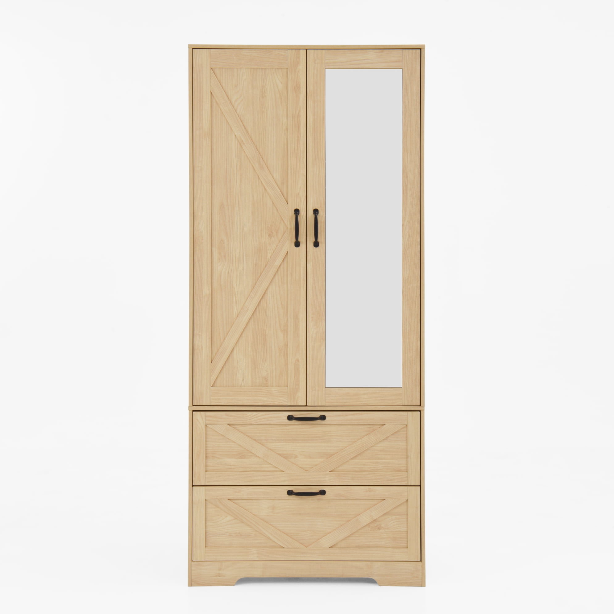 Noble House 2 Doors Wardrobe Closet with Mirror, Drawers and Hanging Rod, Natural