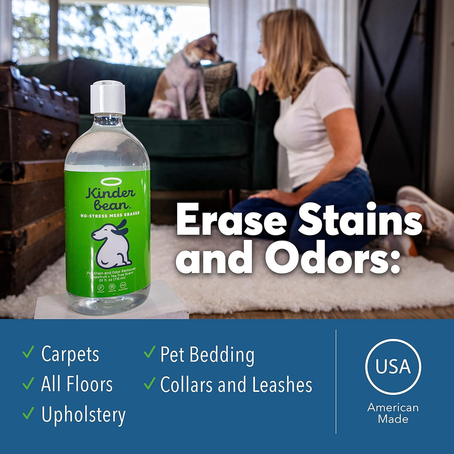 Kinderbean Dog & Cat Urine Stain and Odor Eliminator for Carpet, Upholstery, Hard Floors - 2-Pack 24 oz., Grapefruit Tea Tree Scent, Enzyme Bio-Active Formula with Squeeze and Spray Top