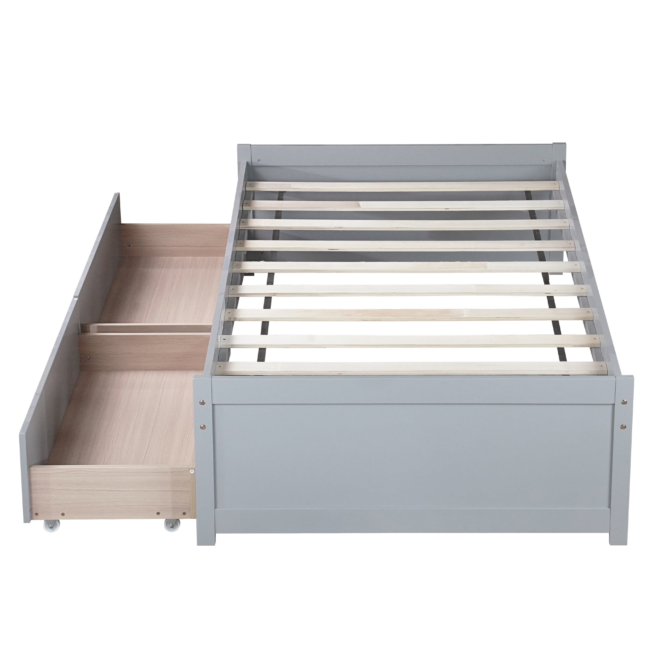 PORKISS Twin Bed Frame, Solid Wood Platform Bed with 2 Drawers, Pine Wood Bed for Kids Teens Adults, No Box Spring Needed, Grey