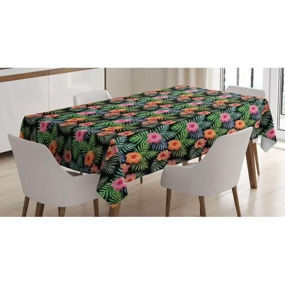 Hibiscus Tablecloth, Palm Leaves and Warm Climate Flowers in Cheery Colors, Rectangle Satin Table Cover Accent for Dining Room and Kitchen, 52" X 70", Multicolor, by Ambesonne
