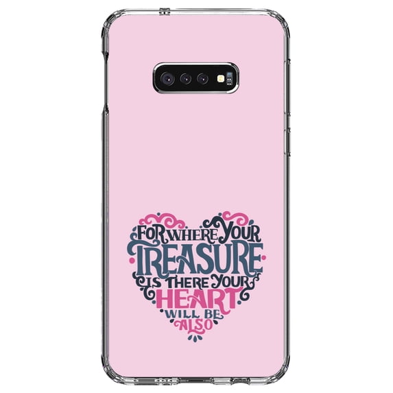 DistinctInk Clear Shockproof Hybrid Case for Samsung Galaxy S10e (5.8" Screen) - TPU Bumper, Acrylic Back, Tempered Glass Screen Protector - For Where Your Treasure Is There Your Heart Will Be