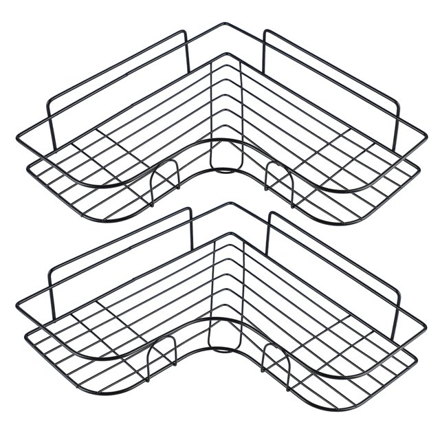 estante de baño, estante de esquina, soporte de hierro, soporte de esquina para baño, estante de pared, los mejores materiales Vista 3/4 de dos estantes de esquina NikouMX en acero al carbono negro, estructura de rejilla abierta con barandillas traseras y soportes frontales curvados, medidas aprox. 26 x 26 x 6 cm (10.24 x 10.24 x 2.36 pulg.), peso aprox. 450 g; ideal para organizar botellas y accesorios de baño, también suele usarse como repisa de esquina en ducha o cocina.