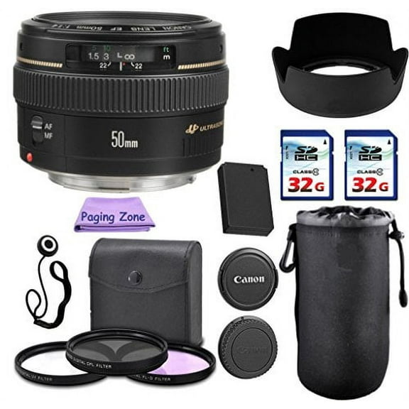Canon EF 50mm f/1.4 USM Camera Lens. PagingZone Deluxe Kit. 3Piece Filter Set   Lens Case   Lens Hood   2 PC 32GB Class 10 Card   Cleaning Cloth   Battery Pack For EOS 6D 70D 5D MK II III.