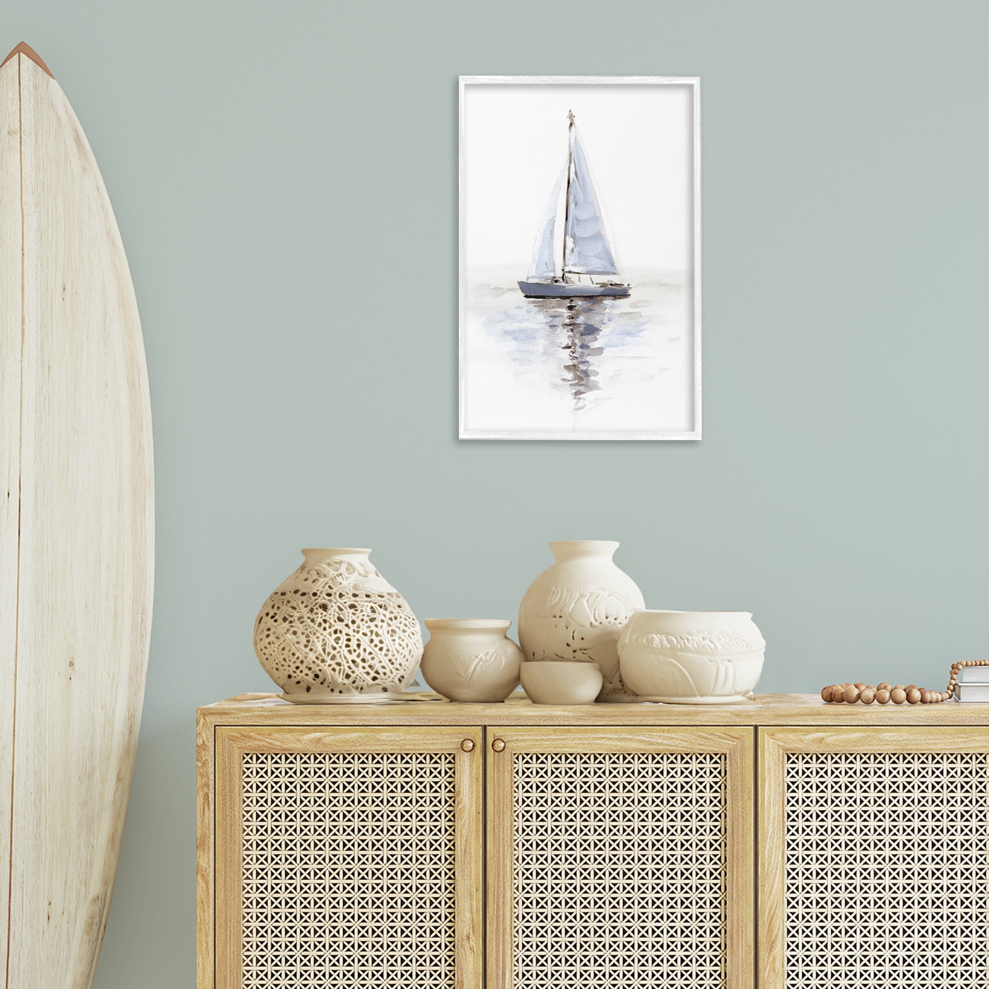 Stupell Industries Minimal Sailboat Reflection Transportation Painting White Framed Art Print Wall Art, 16 x 24