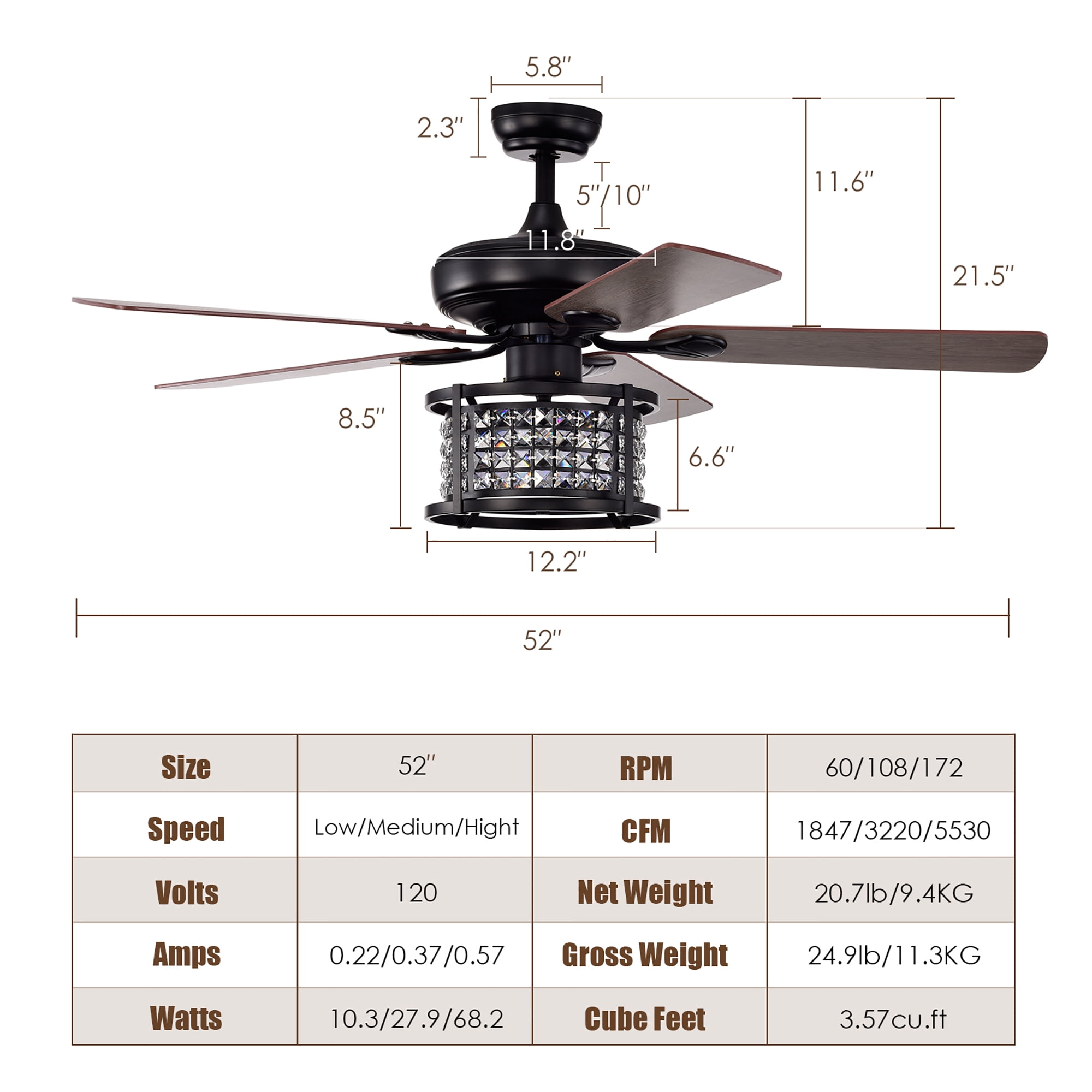 Costway 52'' Ceiling Fan with Light Reversible Crystal Ceiling Fan Lamp W/Remote Control