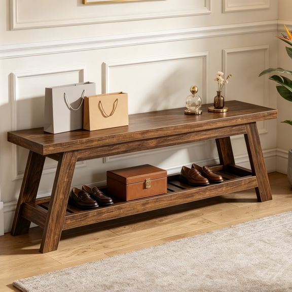 Fnova 55" Narrow 2-Tier Entryway Bench, Seating Bench with Shoe Storage Shelf, Large Wooden Shoe Rack Bench with Open Shelves for Entryway, Living Room, Bedroom, Foyer, Easy Assembly