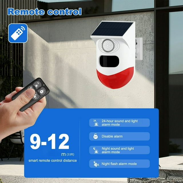 CHUANK Solar Motion Sensor Alarm Solar Alarm 120dB Loud Siren LED Strobe Lights Sound Alarm Adjustable Sensing Distance IP65 Waterproof Motion Detector Alarm Siren Rechargeable for Farm H