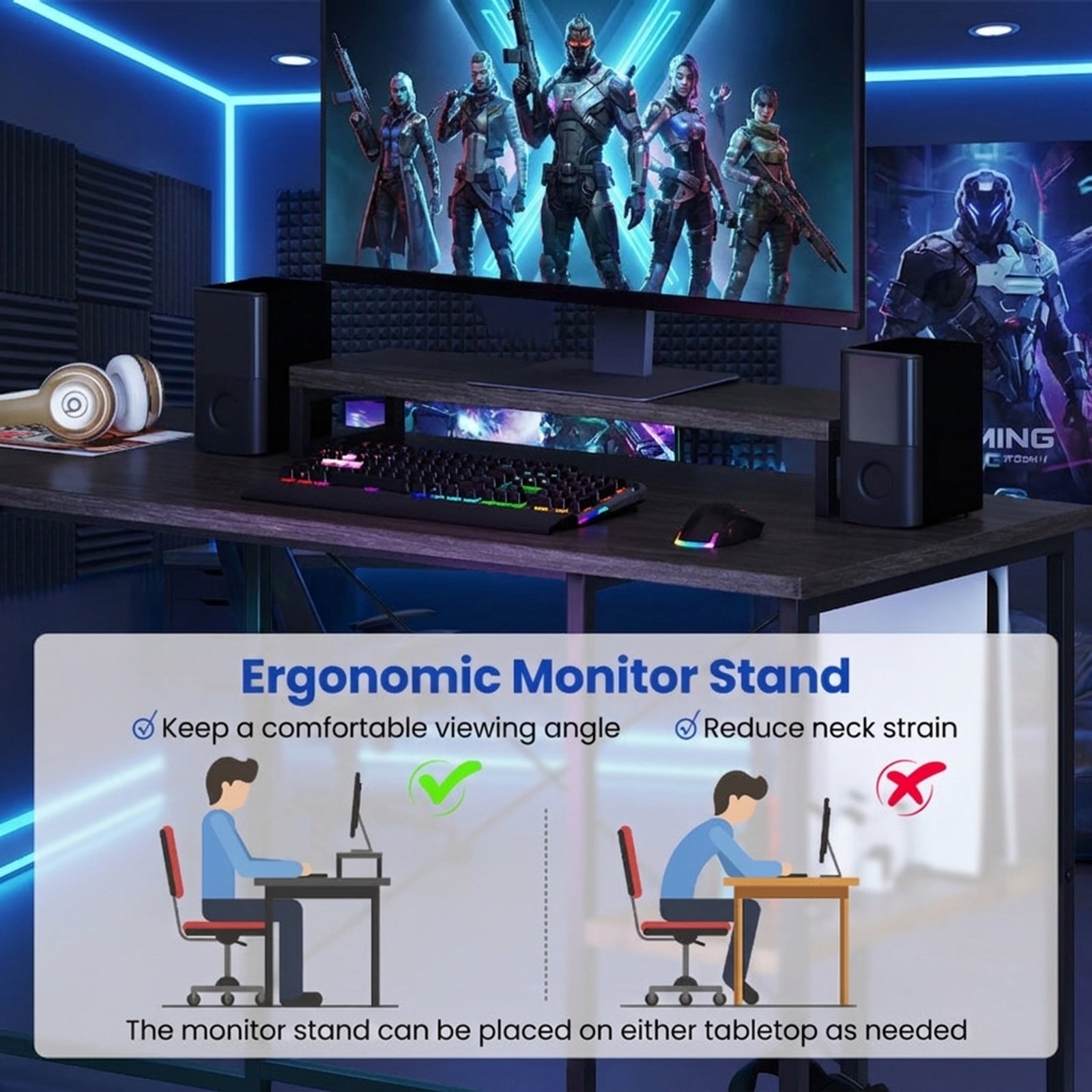 Furnibear L Shaped Reversible Gaming Desk with LED Strip and Power Outlets Hutch Monitor Stand, Gray