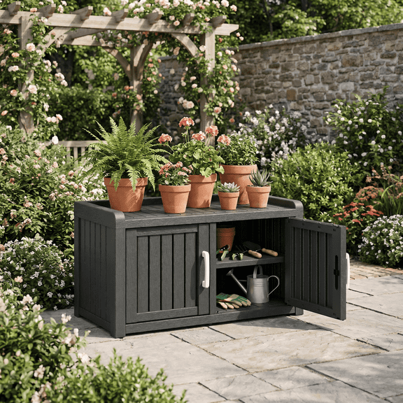 HDPE Outdoor Storage Cabinet with Waterproof UV-Resistant, Small Garden Storage Box with 2 Doors, for Patio, Pool, Black