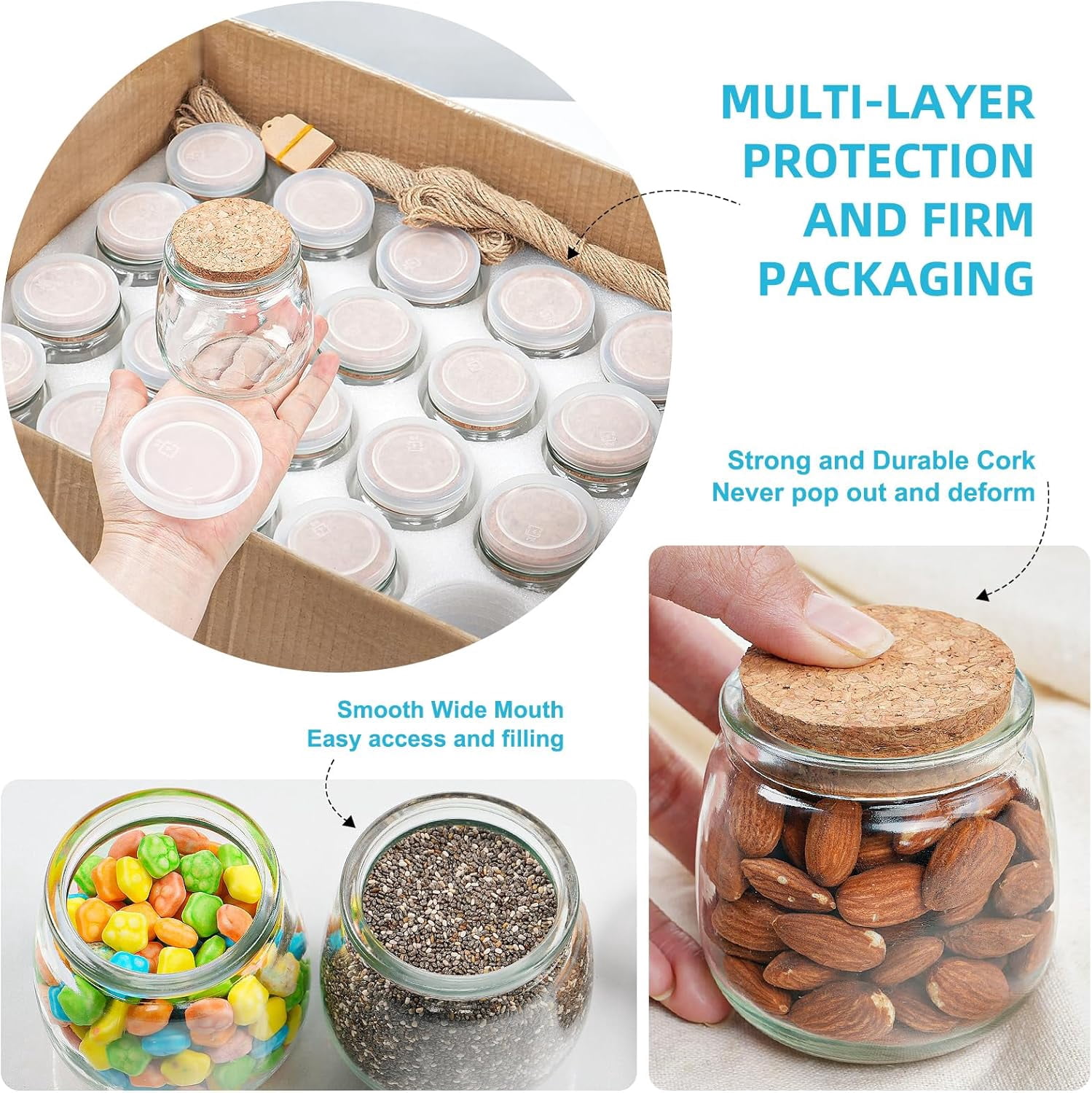 40 Pack Small Glass Jars with Cork Lids, 7oz Empty Mason Jars for Making Candles, Yogurt Container with PE Lids for Wedding Favors, Baby Shower, Candy, Spices with Twine, Labels