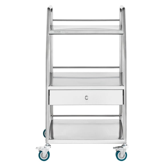 "3-Tier Stainless Steel Lab Cart with Locking Wheels, Medical Rolling Utility Cart w/Drawer - for Hospital, Dental Clinic & Laboratory Use, Durable Service Cart"