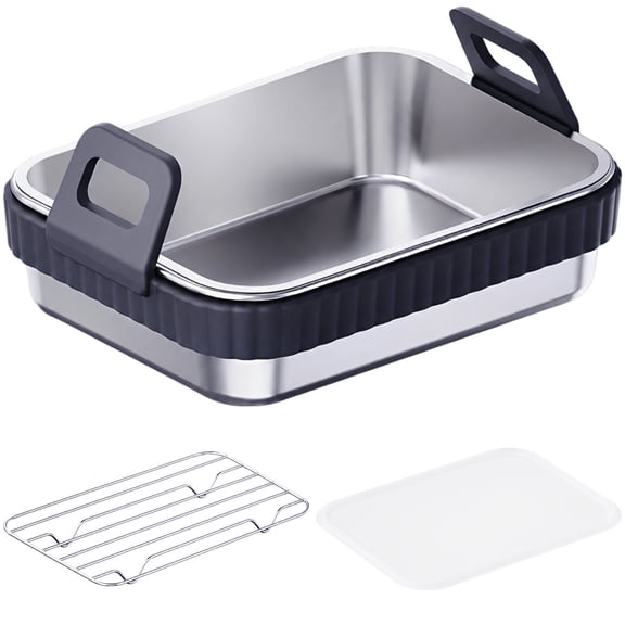 Airfryer Cooking Tray with Silicone Handles, Stainless Steel Baking Roasting Pan with Rack and Lid, Heat Resistant Kitchen Appliance Accessory for Air Fryer, Oven, BBQ Grill
