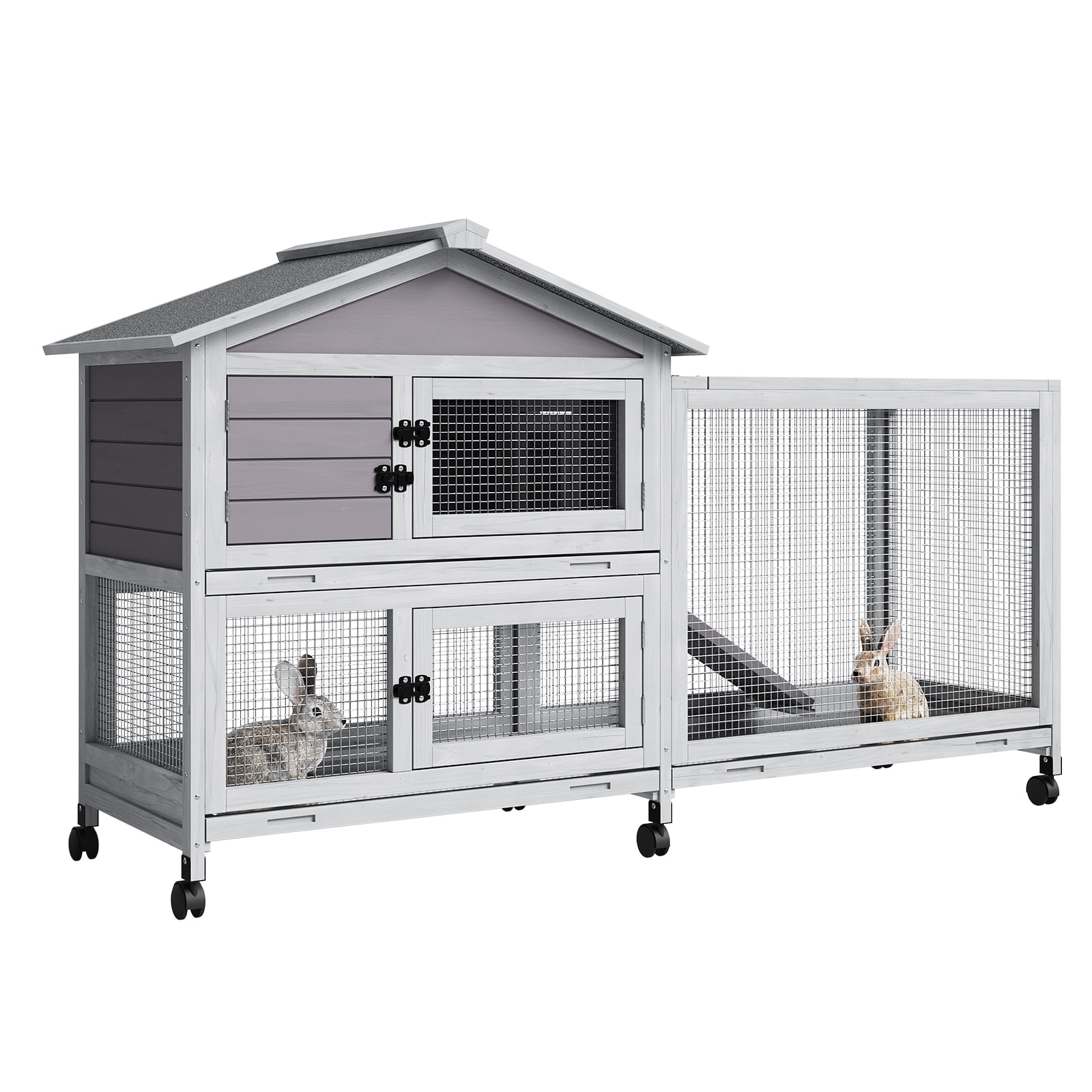 2-Tier Weatherproof Small Animal Hutch with Wheels – Non-Slip Ramp, 4 Doors, Removable Tray – Indoor/Outdoor Cage for Rabbits, Guinea Pigs, Ferrets – Durable Rabbit Enclosure – 566 Rabbit Cage Gray