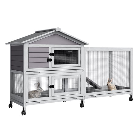 Anoncndin Rabbit Hutch with Weatherproof Asphalt Roof Bunny Hutch with 6 Lockable Caster Wheels & Pull-Out Tray Rabbit Cage Guinea Pig Cages for Small to Medium Animals Indoor Outdoor Use Grey