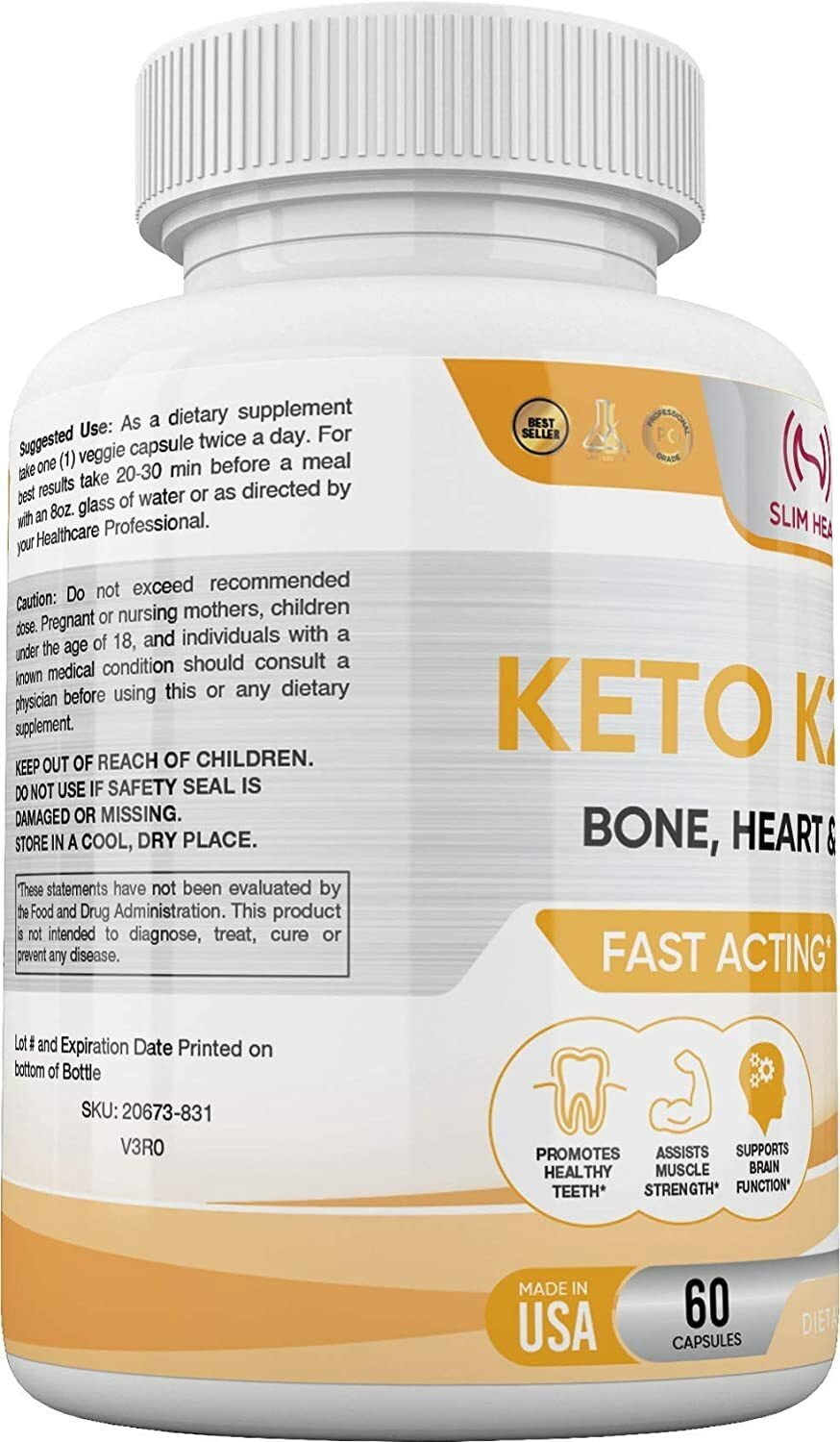 Slim Heat Keto K2 + D3 Supplement, Vitamin D3 5000 IU & K2 100mcg with Calcium & Bioperine, Bone, Heart & Immune Support - All Natural, Non-GMO, 30 Day Supply, Made in USA