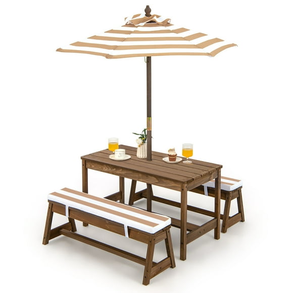 Gymax Kids Wood Picnic Table and Bench Set w/ Cushions Umbrella for Indoor Outdoor Brown