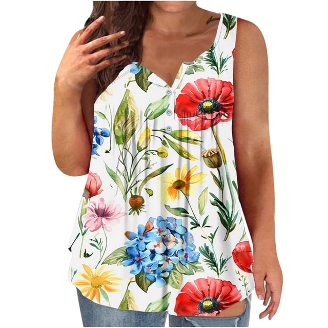 Économies d'Été en Liquidation! Débardeurs yoeyez pour Femmes Grande Taille Imprimé Floral Sans Manches Blouse Col Rond Décontracté Été Rouge, 3TG