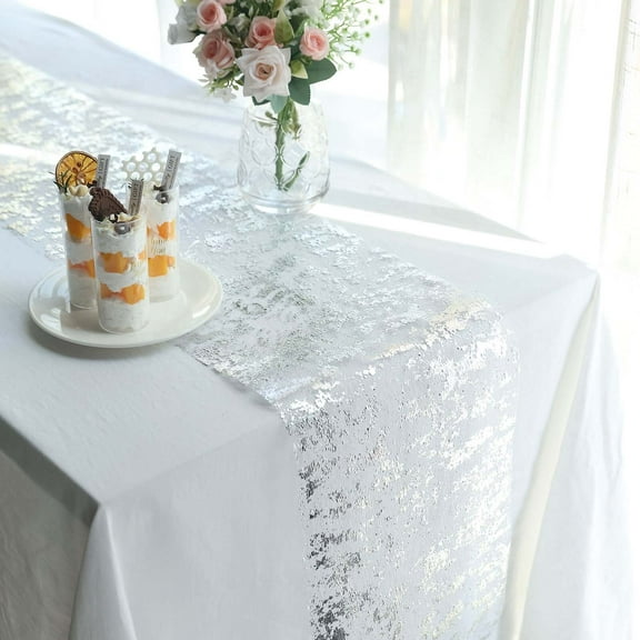 Efavormart 108" Sparkly Metallic Silver Foil Thin Mesh Polyester Table Runner - 25GSM