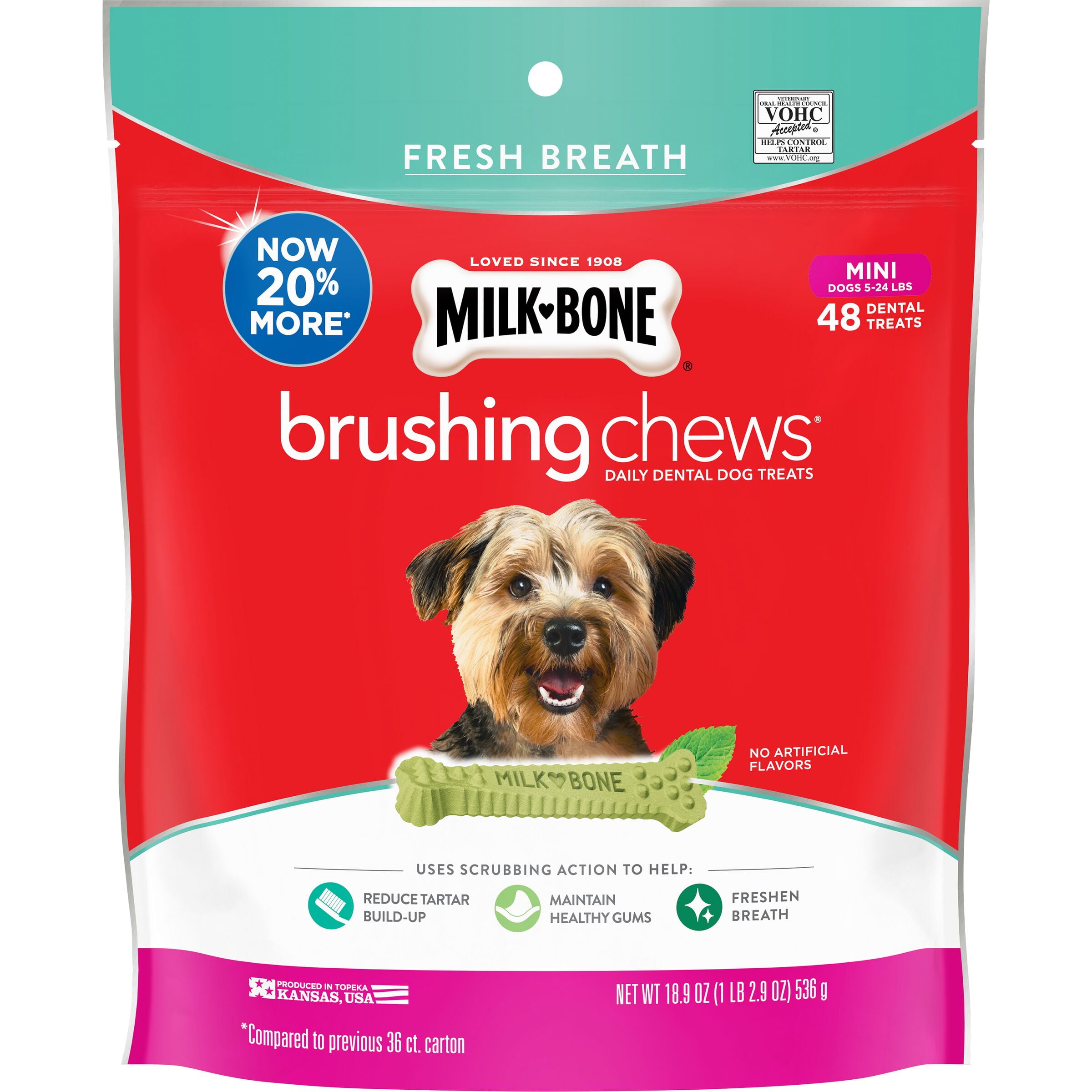 Milk-Bone Brushing Chews Daily Dental Dog Treats, Fresh Breath, Mini, 18.9 Ounces, 48 Bones Per Bag