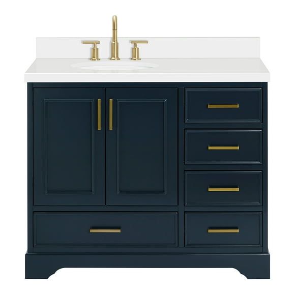 Ariel Stafford 43 Inch Single Left Offset Oval Sink Vanity With White Quartz Countertop W/1.5" Edge In Midnight Blue