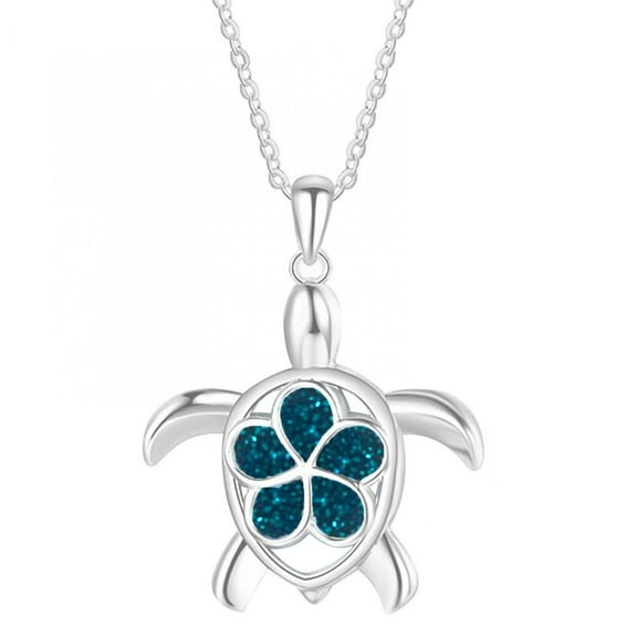 SDJMa Sterling Silver Turtle Necklace Pendant with Simulated Blue Opal Flower Female Metal Alloy Necklace Pendant