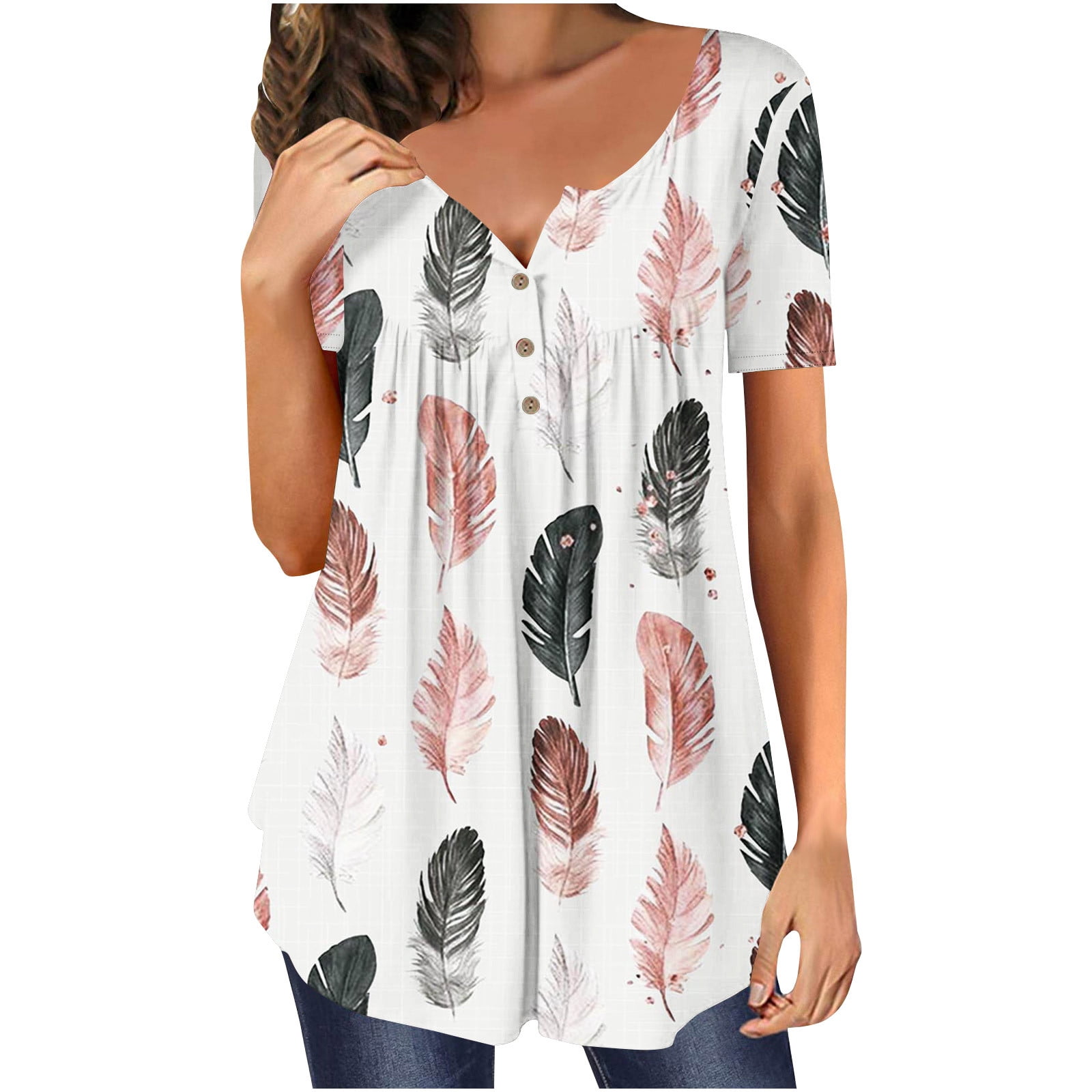 ZQGJB Women Tunic Tops Casual Dressy 2023 Spring Fashion Long Sleeve T  Shirt Trendy Cute Floral Printed Tees Henley Going Out Blouses for Leggings  Navy L 