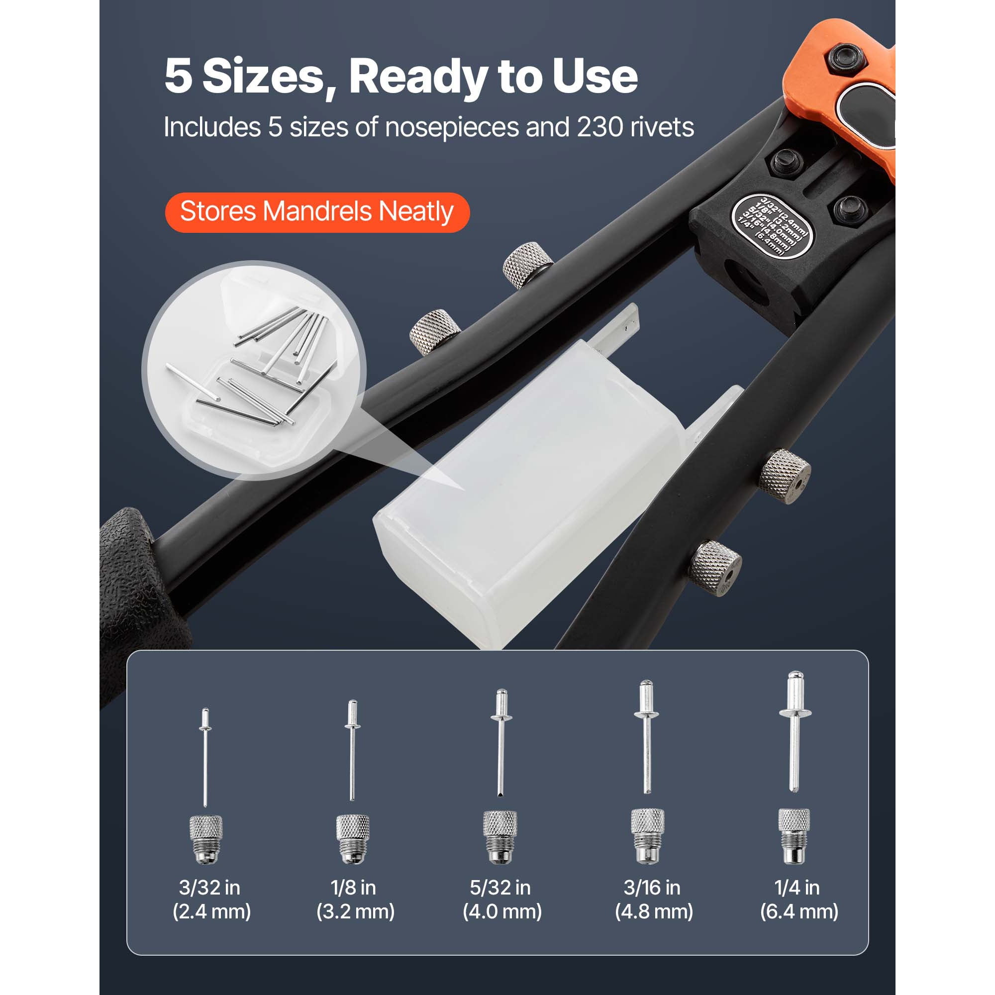 KFFKFF Manual Rivet Gun Kit with 230 Rivets, Two-Handed Tool Featuring 5 Replaceable Nosepieces, 5 Drill Bits, and a Storage Case, Ideal for Metalwork, Automotive Repairs, Home Projects, and DIY Task