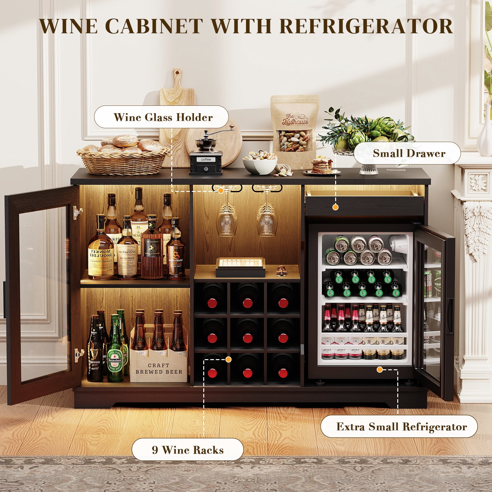 BROTTAR Wine Bar Cabinet with Fridge (Included), 47" Liquor Coffee Bar Cabinet with LED Lights & Rack, Mini Fridge Cabinet with Storage, Human Body Sensor, Buffet Sideboard for Dining Room, Black