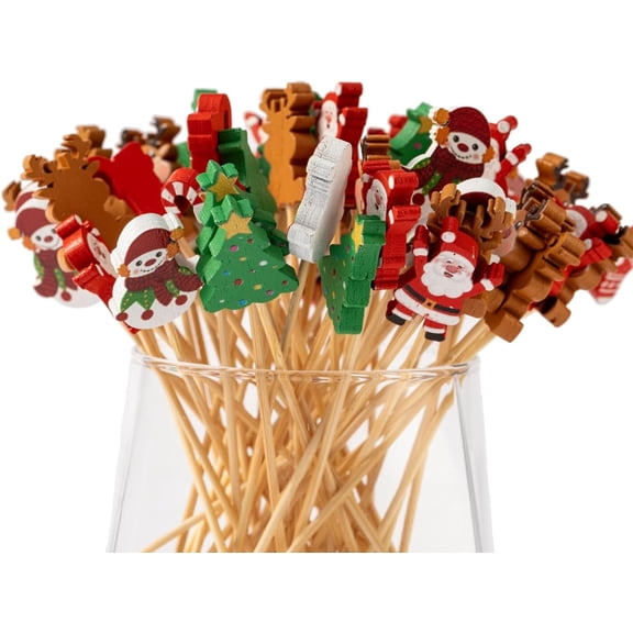 100/200 Counts Christmas Cocktail Picks Christmas Tree Snowflake Snowman Santa Claus Reindeer,4.7in Bamboo Cocktail Toothpicks Fruit Food Appetizer for Christmas Party Decorations