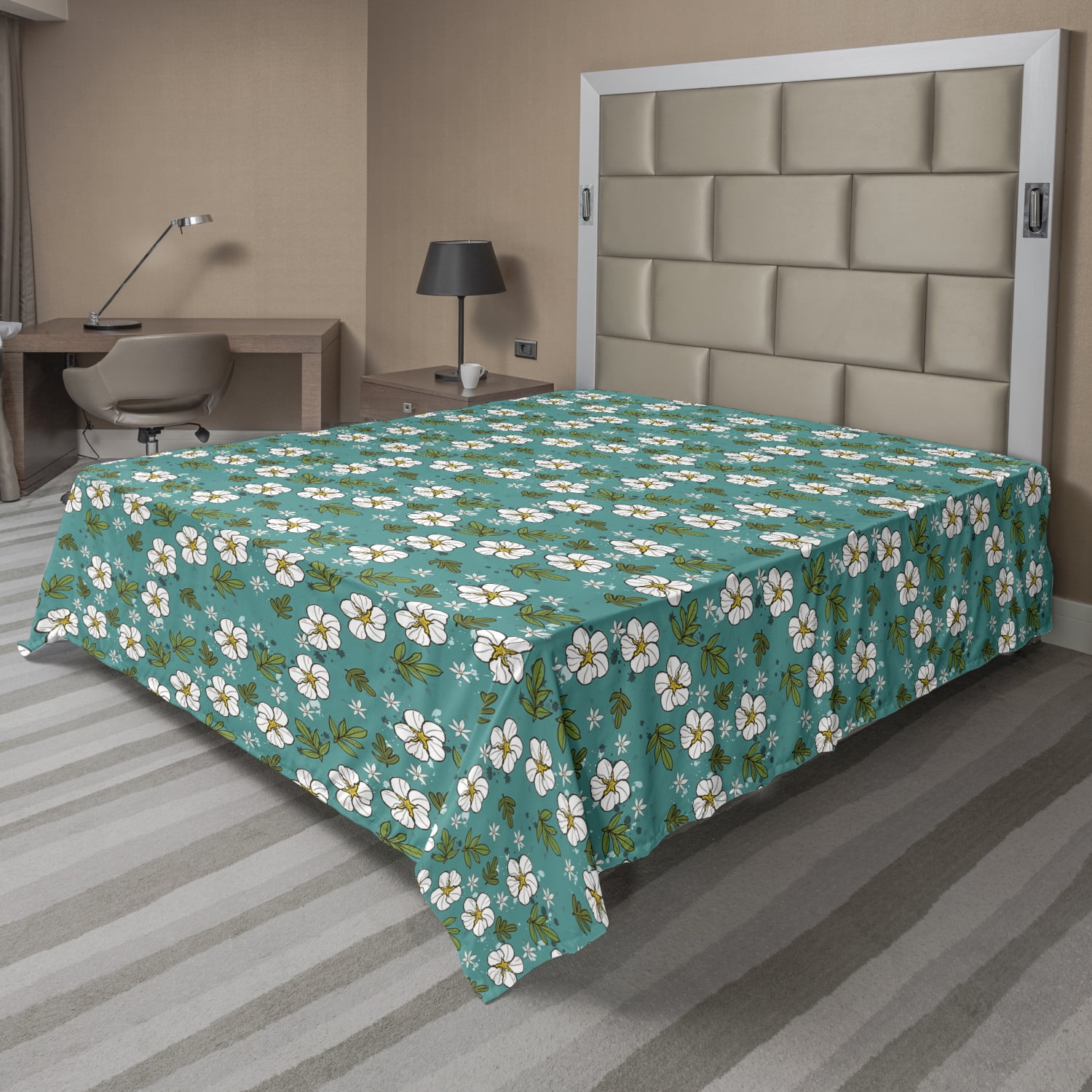 Floral Flat Sheet, Layout of Spring Time Flowers and Leaves, Soft