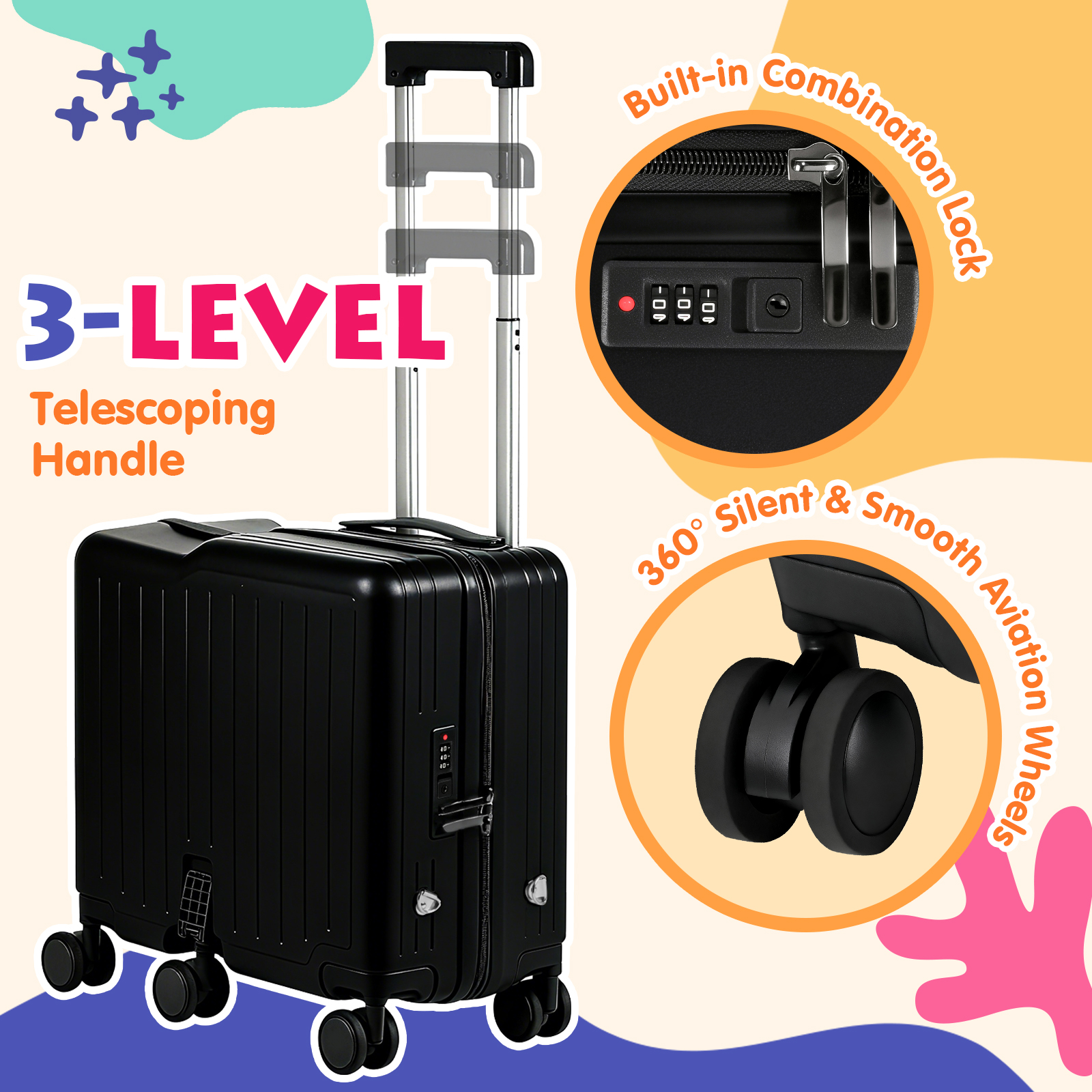 Advwin Ride-On Kids Luggage with Pull Strap, Footrests, Cup Holder, 6 Wheels & Adjustable Handle, 18-Inch Spinner Suitcase with Stickers & Boarding Pass, Black