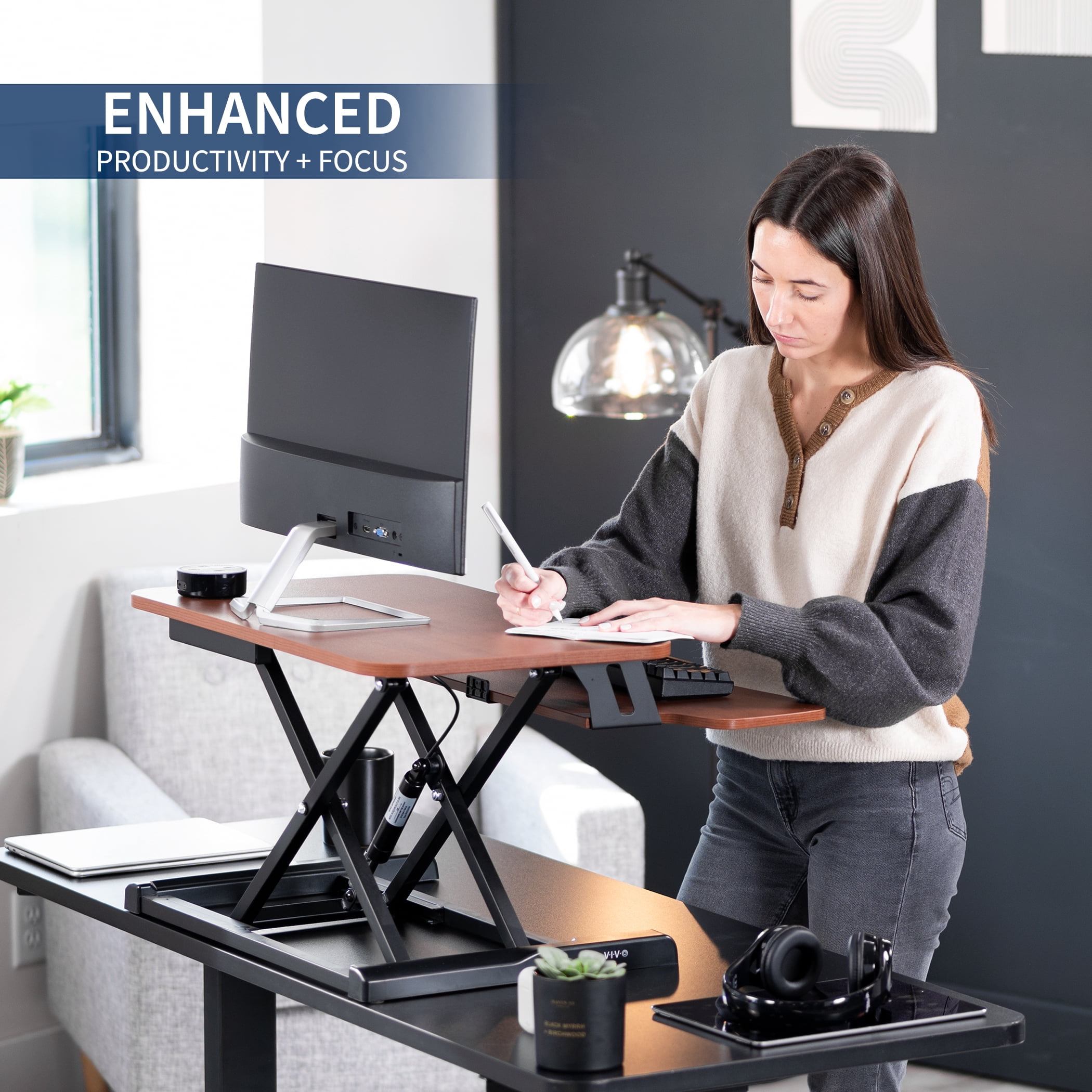 VIVO Dark Walnut 26" Height Adjustable Standing Desk Monitor Riser, Black Frame