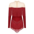 thumbnail image 2 of Rswnyirn Women Tassel Latin Dance Leotard Long Sleeve Shiny Fringe Tango Salsa Cha-Cha Bodysuit Burgundy XXL, 2 of 6
